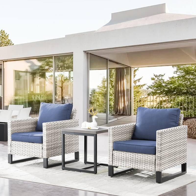 Gymojoy Outdoor PE Wicker Chairs with Table - Light Grey - Blue