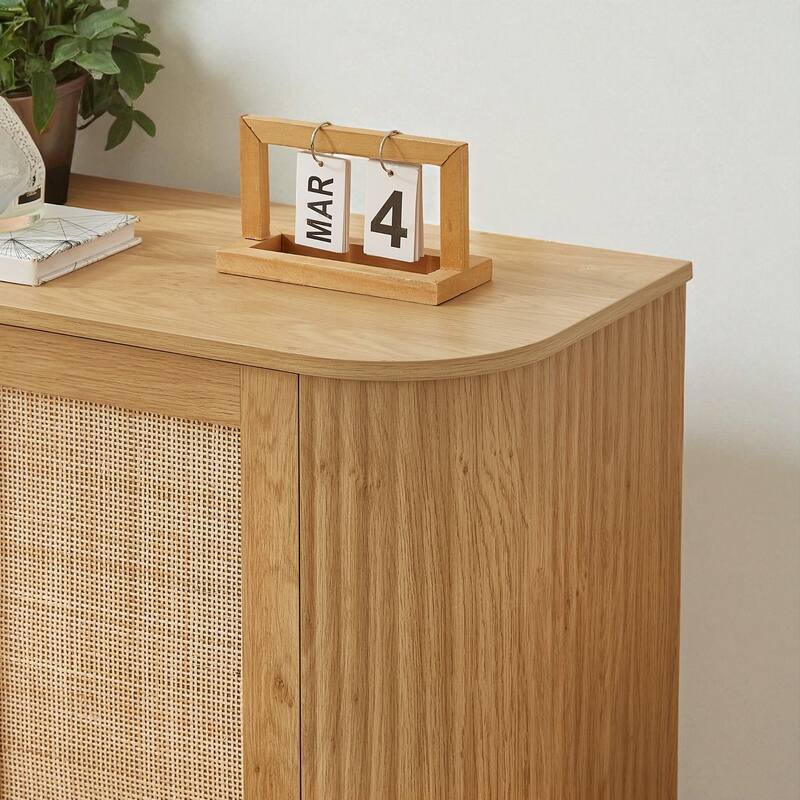 64" Wave Shape TV Stand with Rattan Doors, Modern Sideboard Buffet Storage Cabinet, Natural Wood Console for Entryway