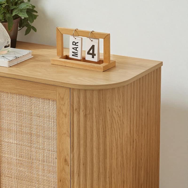 64" Wave Shaped TV Stand with Rattan Doors, Natural Wood Sideboard Buffet Storage Cabinet for Entryway Kitchen Bedroom
