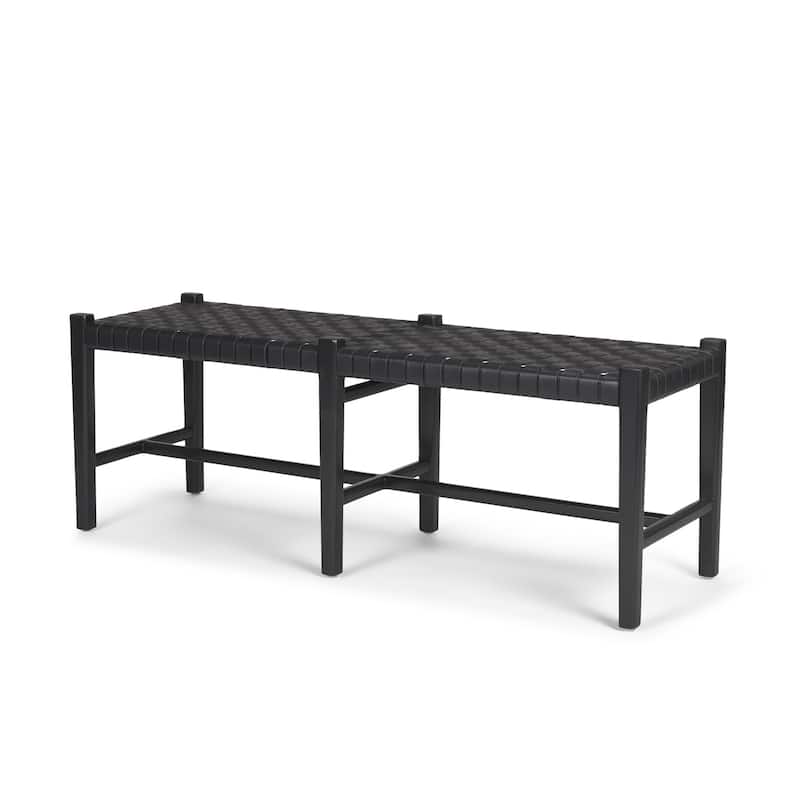 HomeRoots 52" Black Genuine Leather and Solid Wood Upholstered Bench - 52.00 in. x 18.75 in. x 16.50 in.