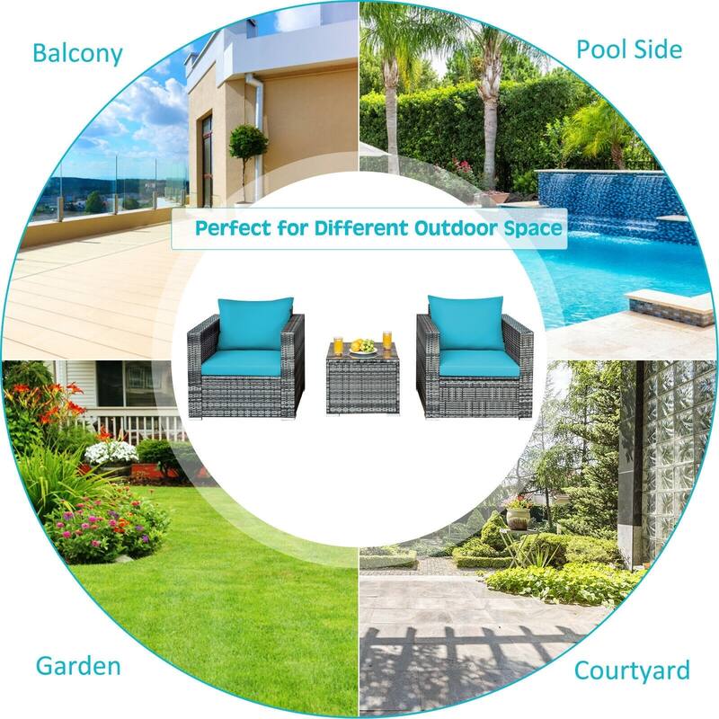 3 Pieces Patio Rattan Furniture Bistro Sofa Set with Cushioned - 28.5" (L) x 27.5" (W) x 27" (H)