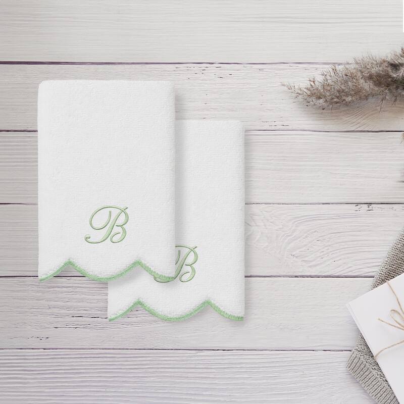 Authentic Hotel and Spa 100% Turkish Cotton Green ADORNIA Scallop Personalized 2 Piece Fingertip Towel Set - 2 Fingertip Towels