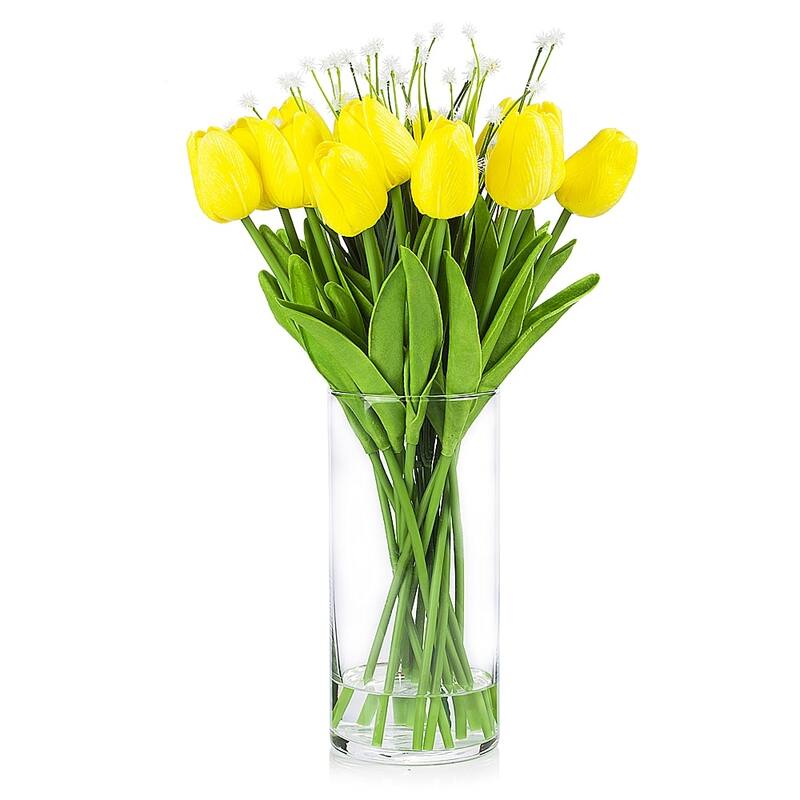 Enova Home Artificial Real Touch Tulips Flower and Star Grass in Clear Glass Vase With Faux Water For Home Office Decoration - Yellow
