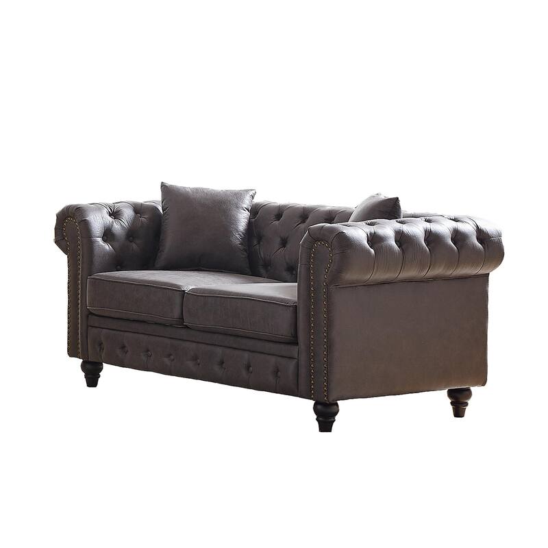 63.5" Contemporary Chesterfield Sofa, Tech Fabric, Button Tufted, 2 Pillows, Grey