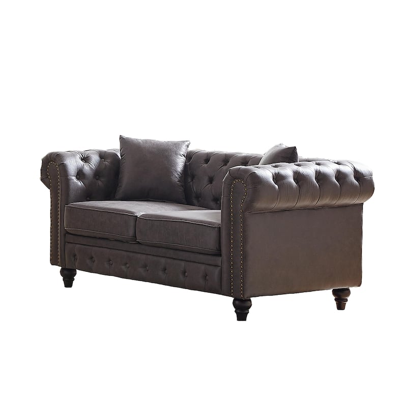 Button-Tufted Chesterfield 63.5" Sofa - Tech Fabric, Wooden Legs, Pillows