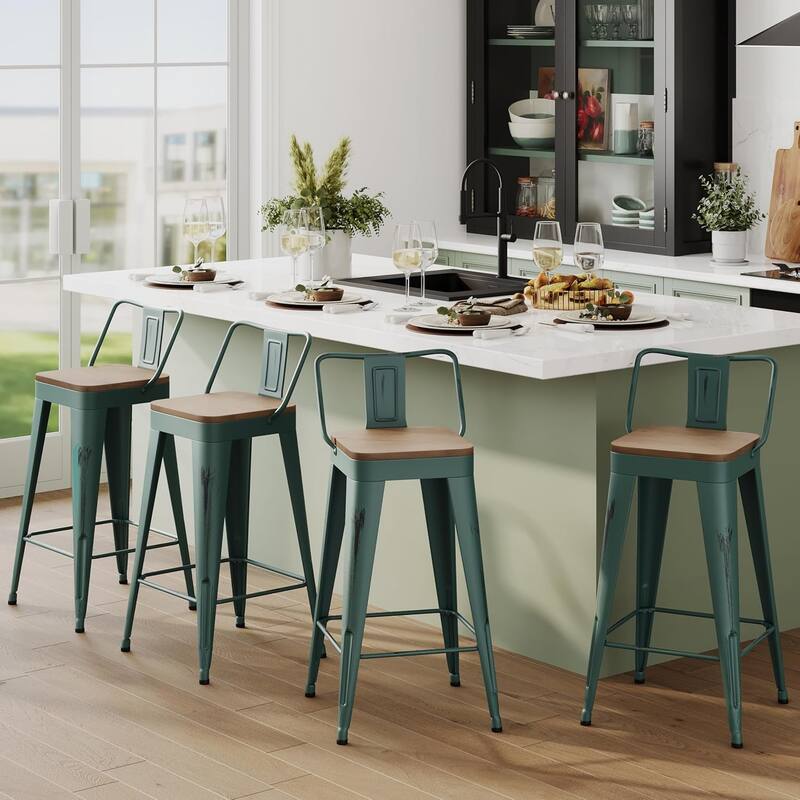 Industrial Style Counter Stools with Metal Frame 24" Kitchen Counter Height Stools with Low Back and Wooden Seat - Distressed Teal