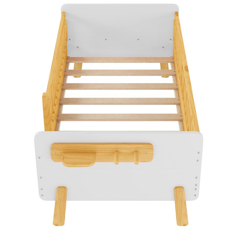 Kids Wood Platform Bed with Guardrails, Bottle Holder and 2 Hanging Rod, Convertible Toddler Daybed, Low Profile Design Frame