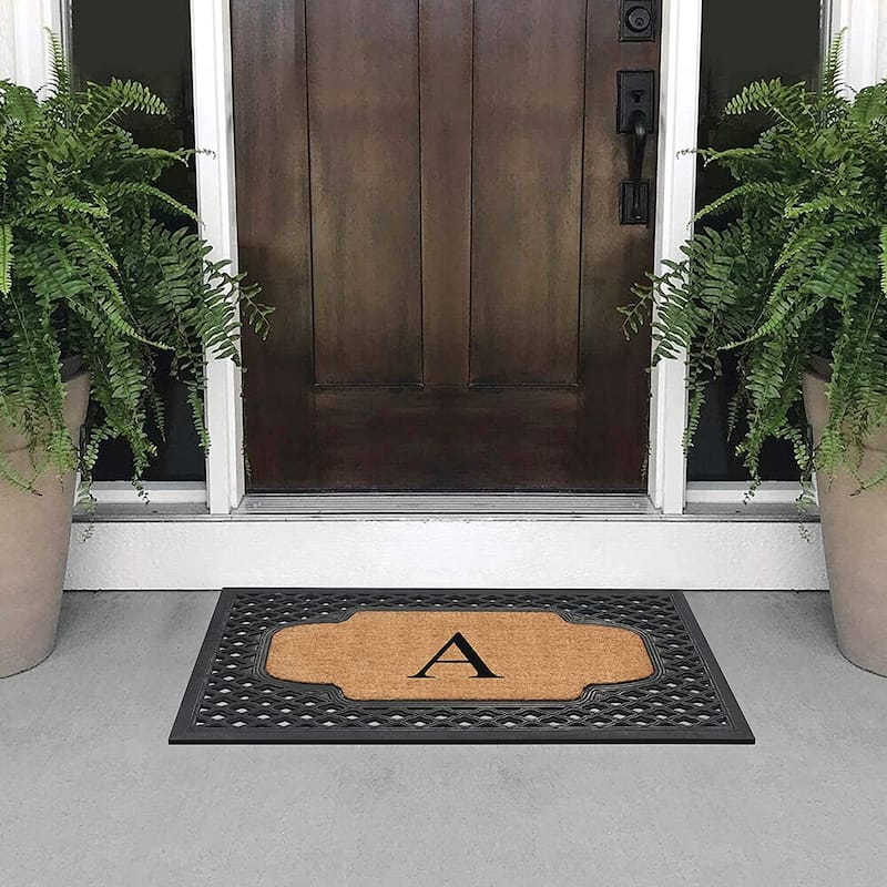 A1HC Mesh Border Rubber and Coir Large Heavy-Duty Outdoor Monogrammed Doormat, 23"X38" Black