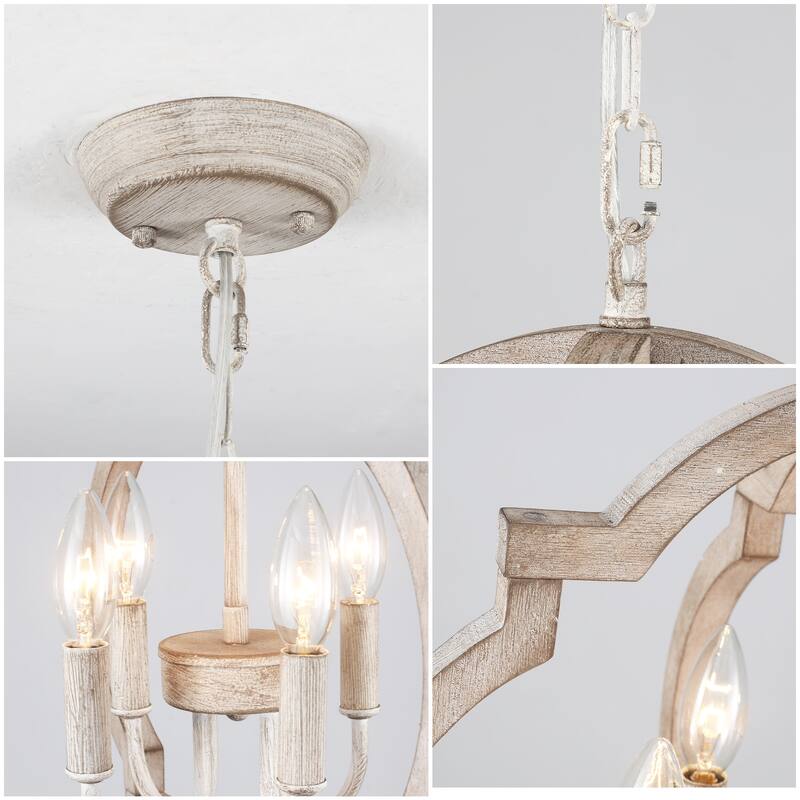 4-Light 16.33"W Wooden Lantern Rustic Chandeliers for Dining Room Kitchen