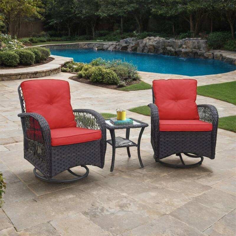 360-Degree Patio Wicker Swivel Rocker Chairs Set,w/Cushions and Table