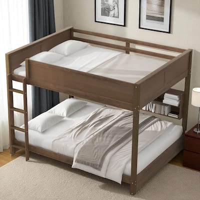 Queen over Queen Bunk Bed with Storage Cabinets, Guardrails and Built-in USB Charging Ports, Solid Wood Frame
