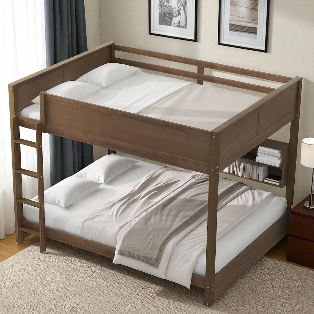 Queen over Queen Bunk Bed with Storage Cabinets, Guardrails and Built-in USB Charging Ports, Solid Wood Frame