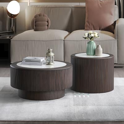 Marble Pattern Coffee Table Set,35.43 and 23.62 inch Round End Coffee Table,MDF Coffee Table with Sturdy Pedestal