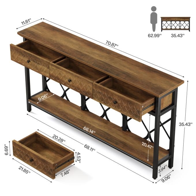 70.86-Inch Console Sofa Table, Entryway Table with 3 Storage Drawers
