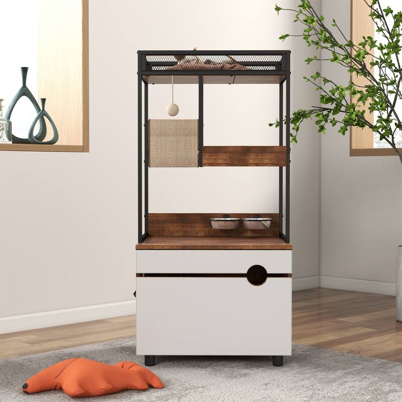 Hidden Cat Litter Box Enclosures with Cat Tree Tower - White+Vintage