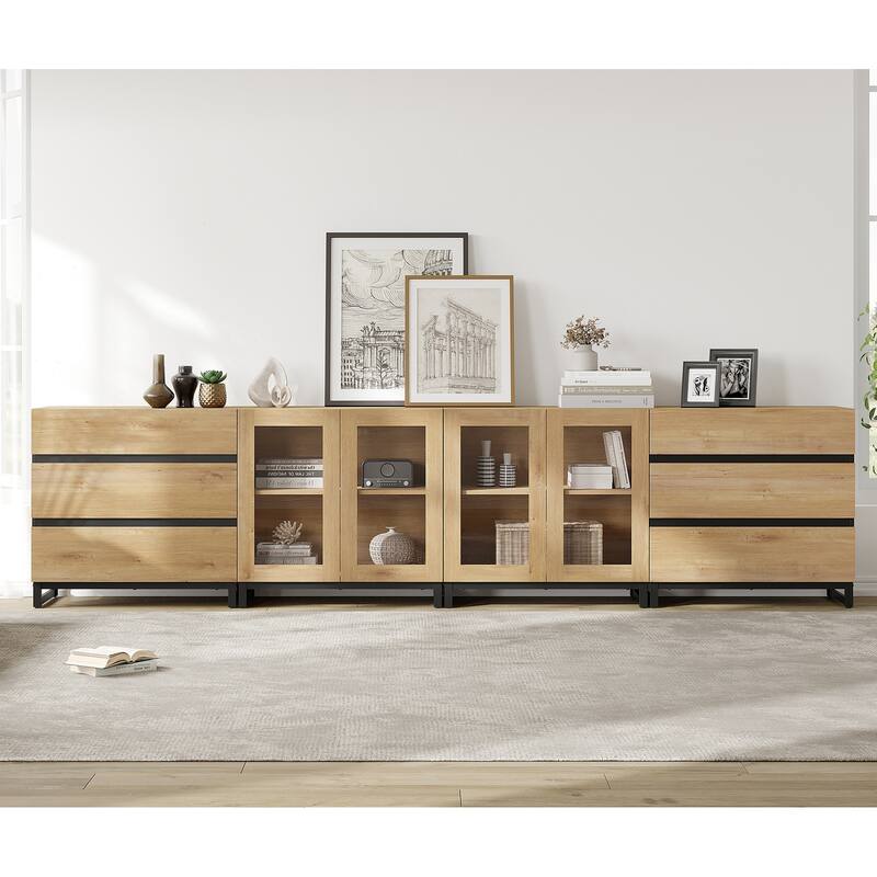 4 in 1 Modern Dresser with Glass Doors and 6 Drawers,Storage Cabinet with Adjustable Shelves, Chest of Drawers for Bedroom