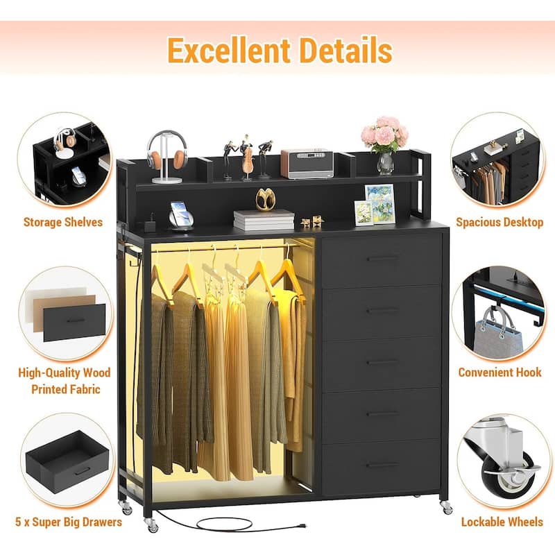 5 Drawers Dresser with Charging Station & LED Lights, Chest of Drawers with Hanging Rod ＆ Lockable Wheels ＆ Storage Shelves