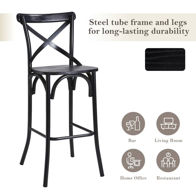 Glitzhome Industrial Metal Solid Elm Wood Seat Kitchen Bar Stool Chairs Set of 4