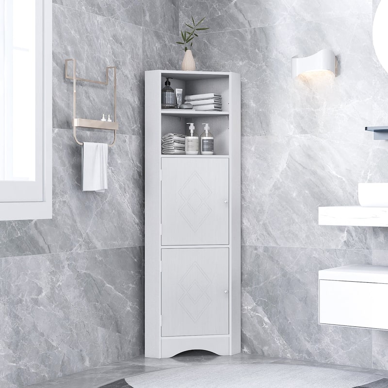 61" Wood 2-door Bathroom Corner Cabinet with Exterior Shelves - White