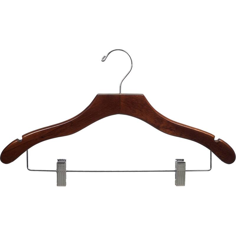 Wavy Walnut Suit Hanger with Clips and Notches (Box of 25)
