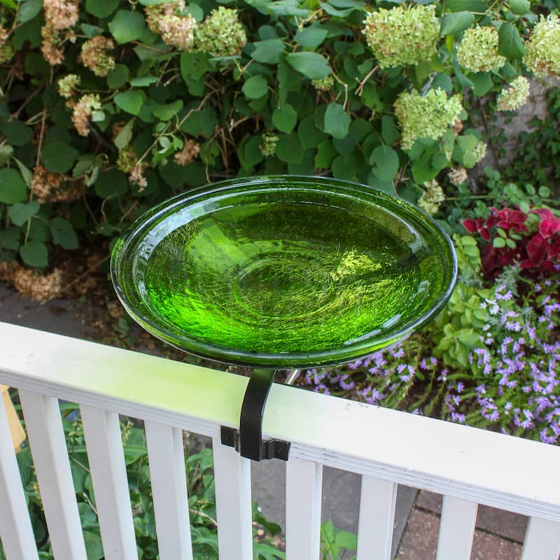 Achla Designs 14"Dia. Round Crackle Glass Birdbath w/Black Wrought Iron Over Rail Bracket