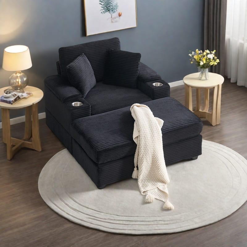 Corduroy Sofa Sets with Ottoman, Handrail Storage and Cup Holders