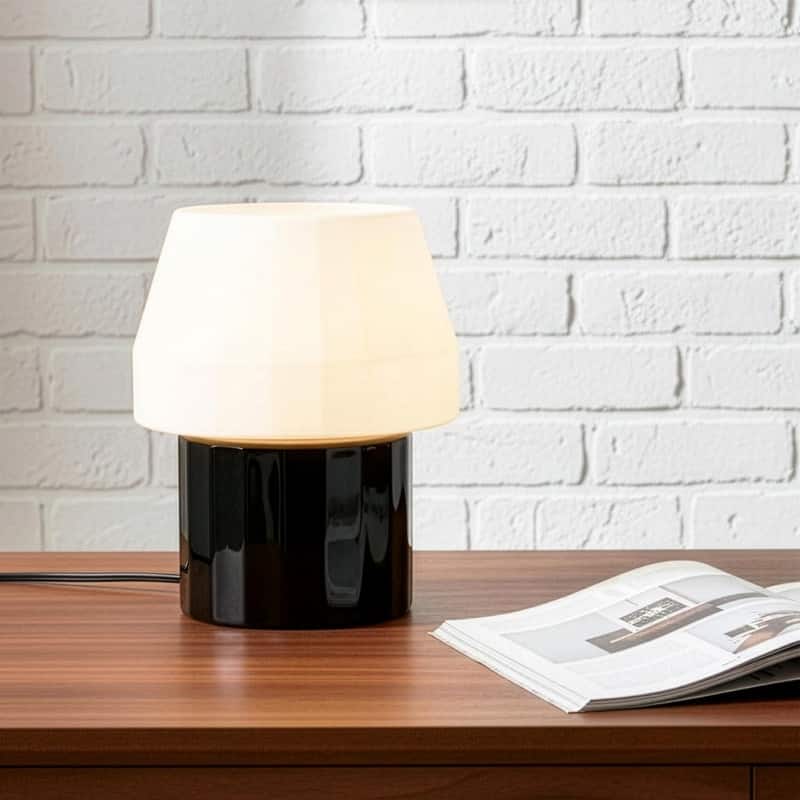 Brightech Duke 9.1 in Glossy Black Modern 7W 600Lm 2700K Dimmable Integrated LED Round Table Lamp With White Glass Unique Shade