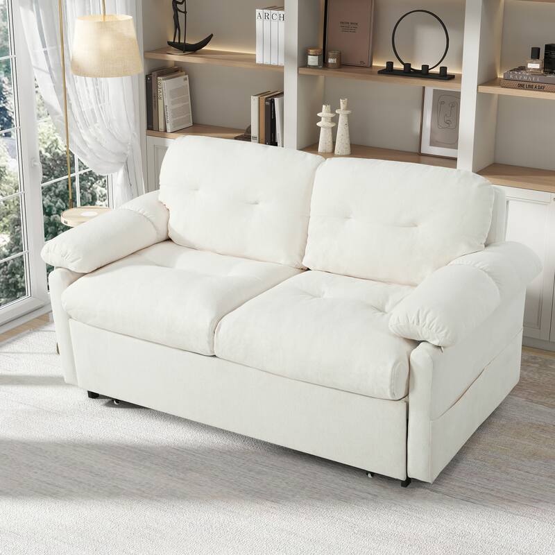 Multi-Functional Chenille Loveseat Sofa Convertible Pull Out Queen Size Sofa Bed with Thickened Cushions and Side Pockets - Beige