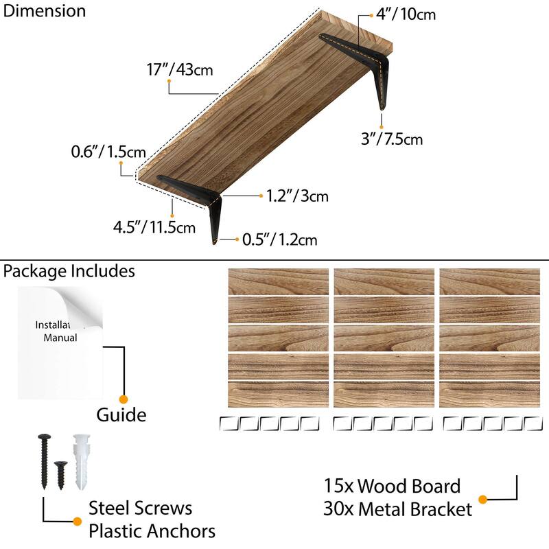 Wallniture Arras 17x4.5" Floating Bookshelves, Hanging Shelves for Living Room, Farmhouse Decor, Custom Finish and Piece Options