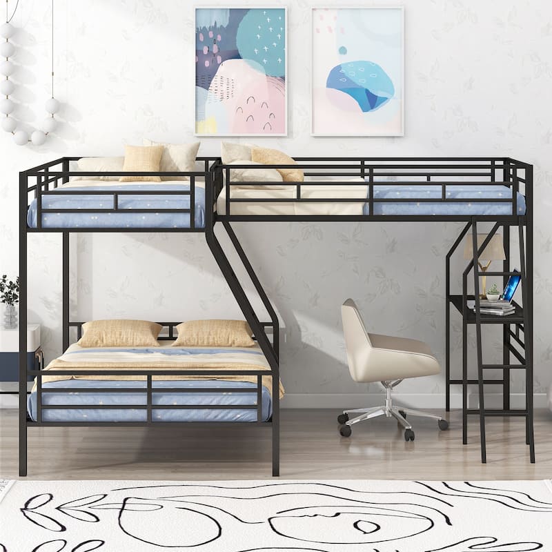 Metal Bunk Bed with a Loft Bed attached, with a Desk,