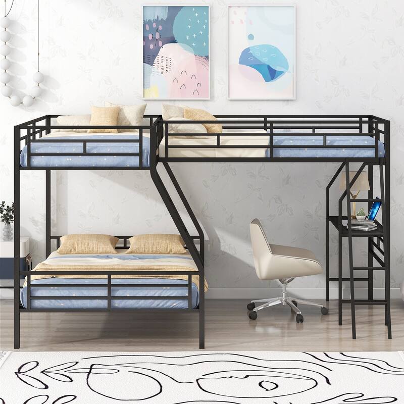 Twin Over Full Bunk Bed With A Twin Size Loft Bed Attached, With A Desk, Metal