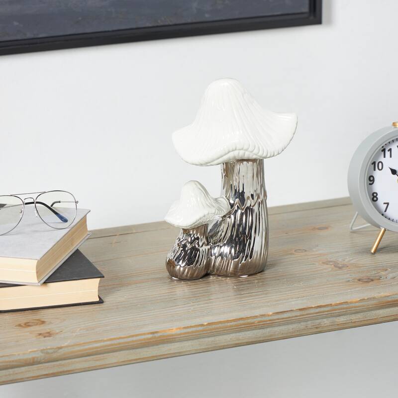 Gold or Silver Ceramic Mushroom Sculpture with White Tops and Textured Grooves - Silver
