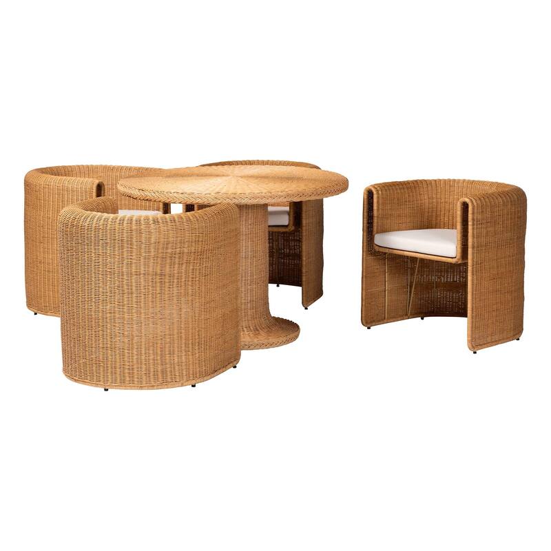 Amaya 5-Piece Round Rattan Dining Set - Handwoven Wicker Pedestal Table and 4 Barrel Chairs, Boho Coastal Style - Light Honey