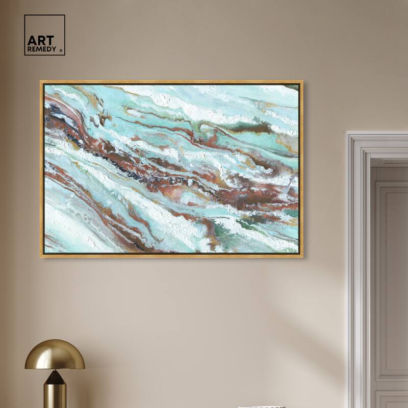 Art Remedy Mint Waves Framed Blue Abstract 1 Piece Canvas Wall Art