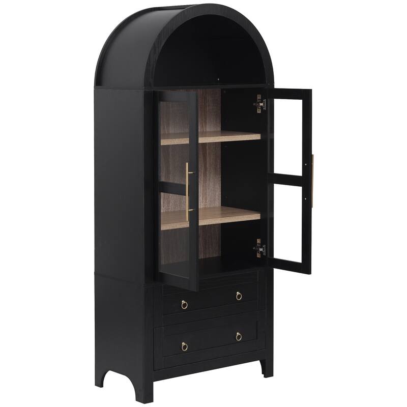 71"Tall Arched Kitchen Pantry Cabinet with 2 Large Drawers, Kitchen Storage Cabinets with Adjustable Shelves, Glass Door