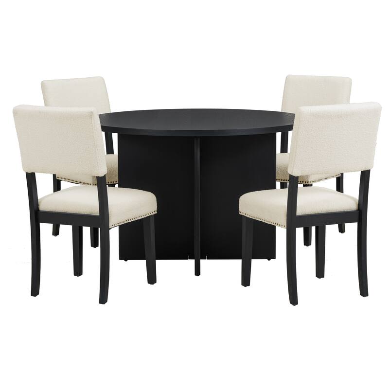 5-Piece Farmhouse Wooden Dining Set with Round Table & 4 Chairs