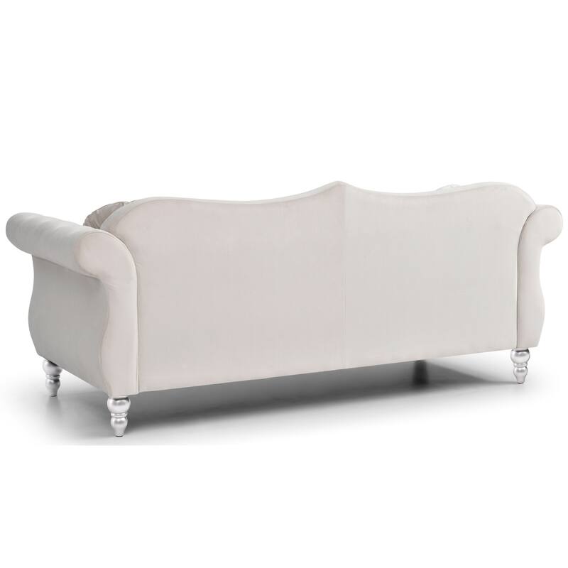 Velvet Tufted Chesterfield 3-Seater Sofa with Throw Pillows - 82" - Beige