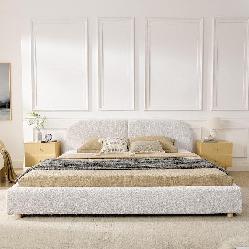 King Size Upholstered Bed Frame, Modern Minimalist Style with Tall Curved Headboard, Premium Circle Yarn Fabric