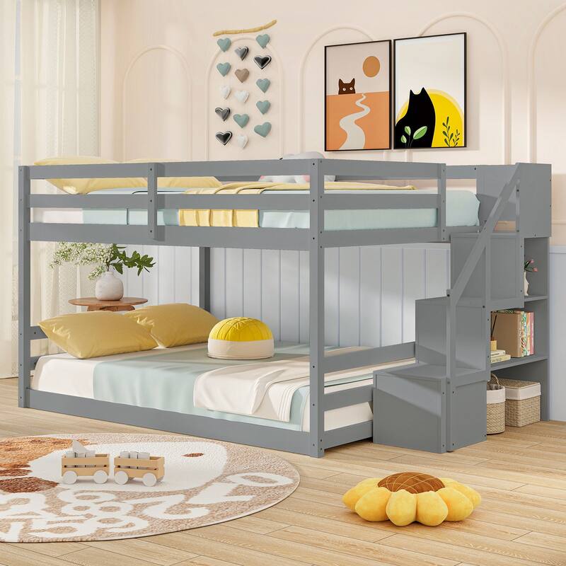 Full Over Full Wooden Bunk Bed with Storage Stairs and Guardrails White Gray Pine Frame for Kids and Adults