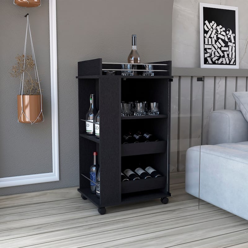 Bar Cart with Glass Door, 2-Side Shelves and Casters