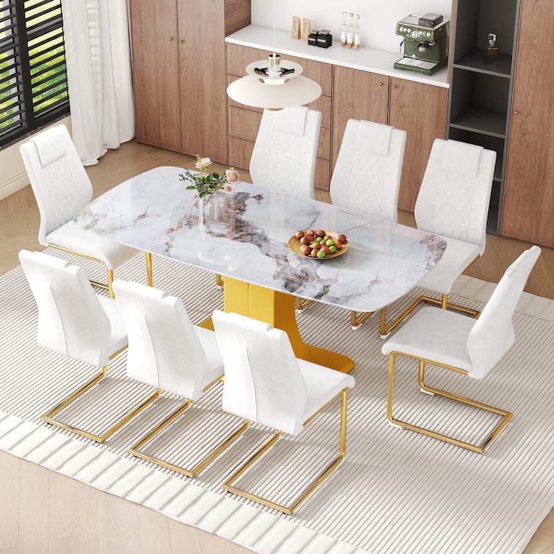 White Leather Dining Chairs with Metal Legs, Dining Table & Chairs Set Dining Table with Gold C-Shaped Legs