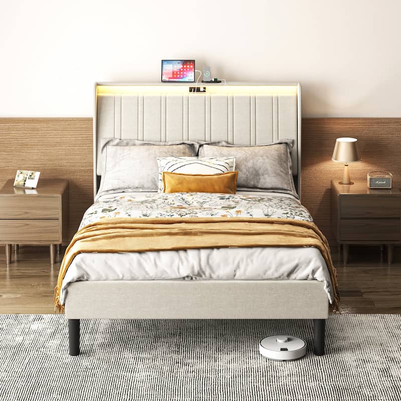 Queen Size Upholstered Platform Bed with Charging Ports, Padded Headboard and Wood Slat Support, Noise-Free Metal Frame