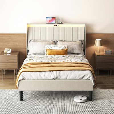 Velvet Upholstered Platform Bed with LED Headboard & Charging Station