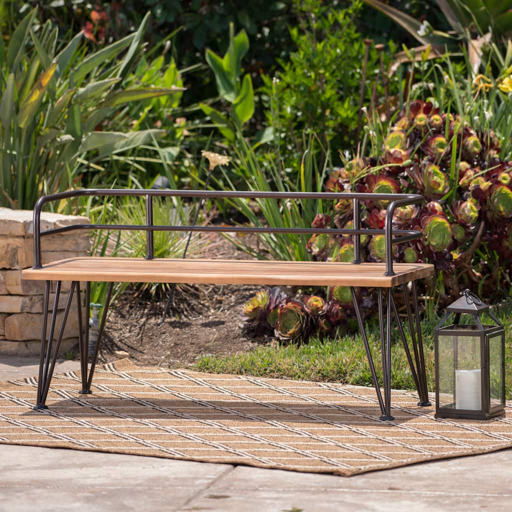 Roomfitters Outdoor Acacia Wood Bench with Metal Backrest and Hairpin Legs, Teak
