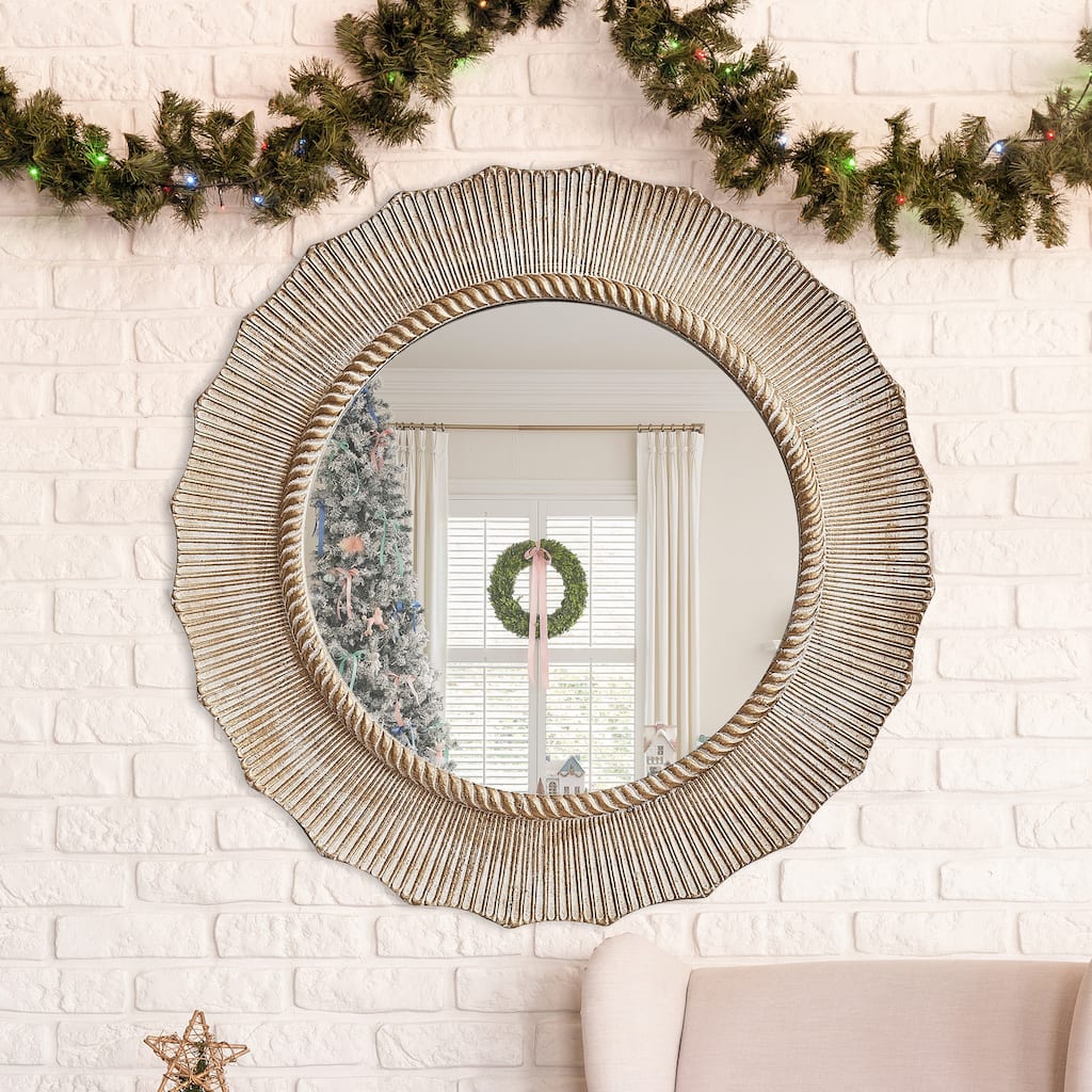 30-in Bohemian Beige Round Wooden Decorative Bathroom Vanity Wall Mirror