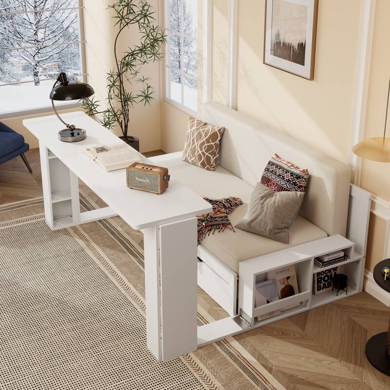 Roomfitters 4-in-1 Queen Size Daybed with Desk, Storage Drawers and Hydraulic Table - White