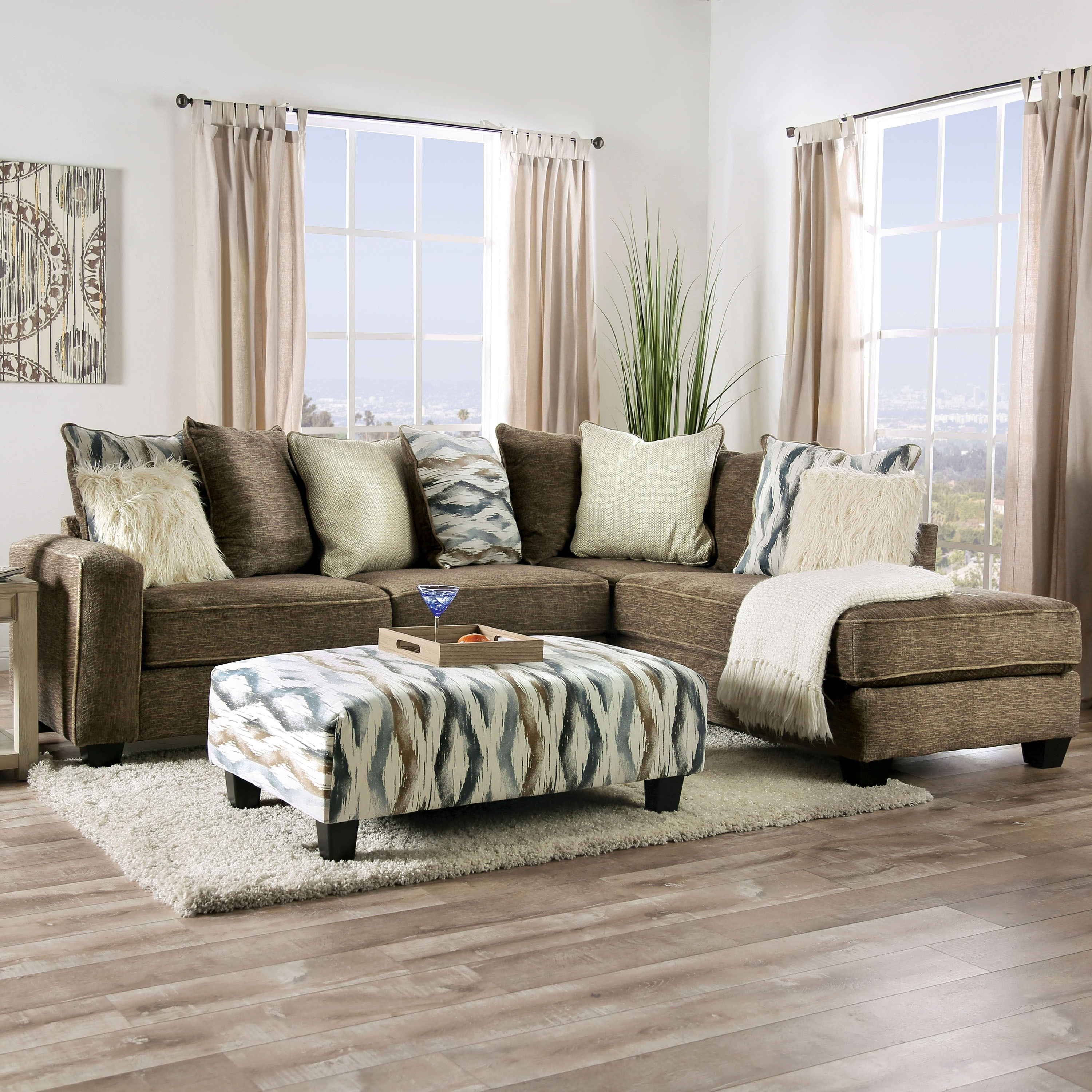 Furniture of America Meeres Transitional Brown Microfiber Upholstered 2-Piece Sectional and Ottoman Set