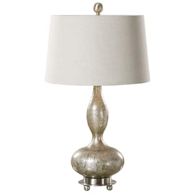 Smoked Mercury Glass Table Lamps with Beige Tapered Shade - 28.25" - Set of 2