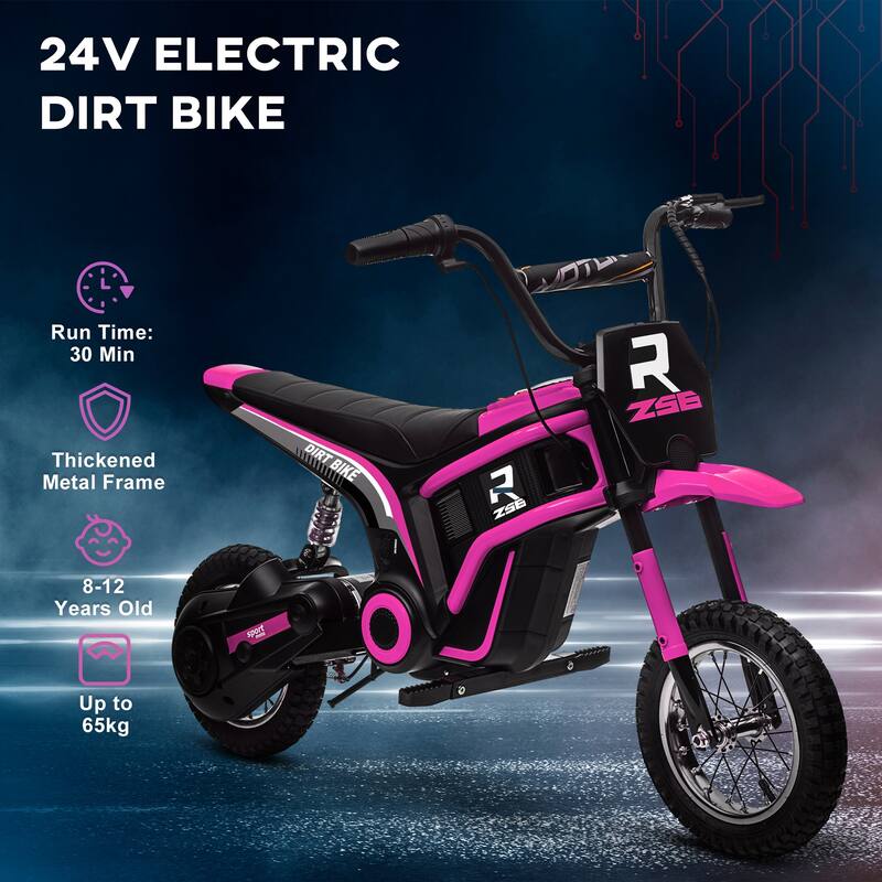 24V Teen Electric Motorcycle with Manual Throttle, Music, Horn, Pneumatic Wheels, 6.2-14.9 mph Speed, for Ages 13+