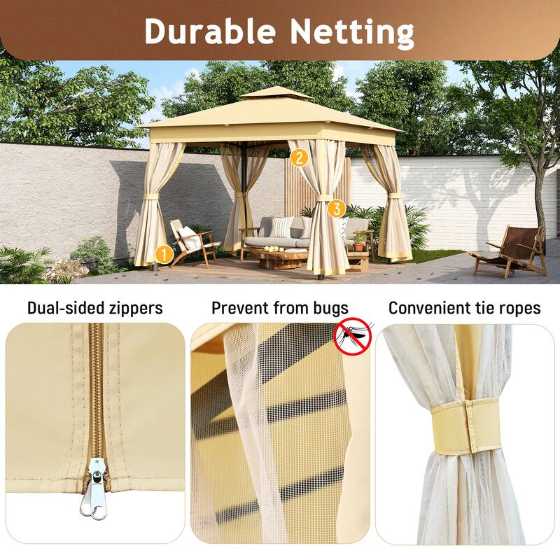 10x10 Outdoor Gazebo Tent with Double Roofs, Patio Gazebo with Mosquito Netting, Patio Canopy